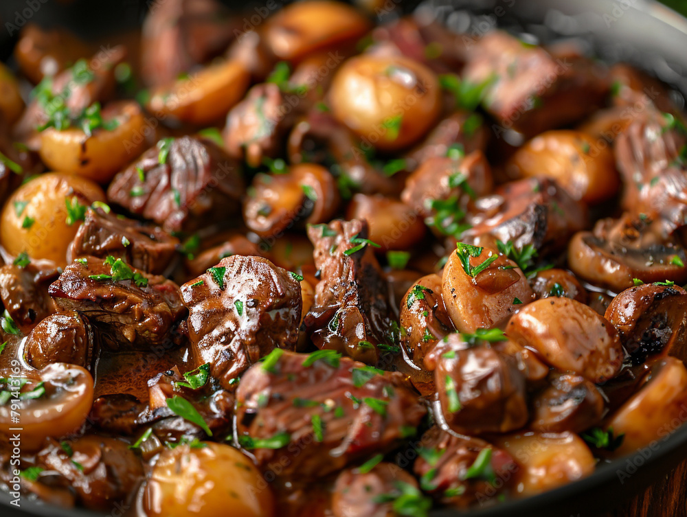 Close-up of hearty beef stew with mushrooms, garnished with fresh herbs Close-up of hearty beef stew with mushrooms, garnished with fresh herbs