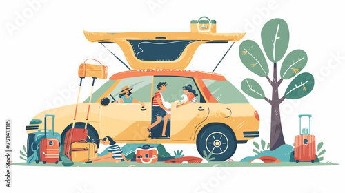 Family sits in the station wagon car with an open 