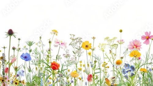 A Vibrant Collection Of Various Colorful Meadow Flowers Arranged on a White Background. Presenting unique shapes and colors, meticulously arranged to highlight their natural beauty.