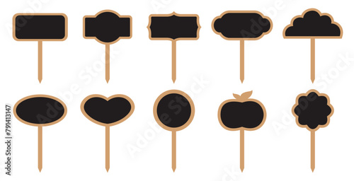 Signs  for seedlings. Various shapes with black background. Garden signs for plants.