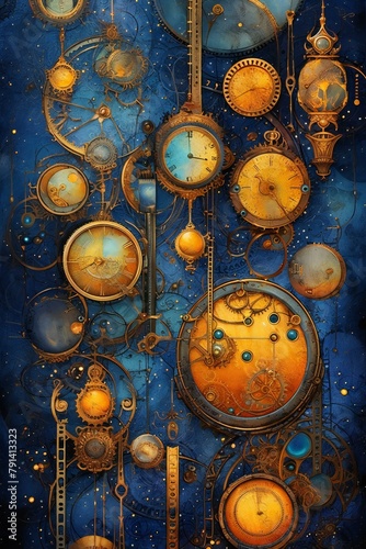 Vintage clock on abstract blue background, Digital painting, illustration