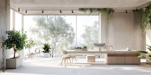Ufficio moderno con piante. Ambiente di lavoro luminoso e solare. photo