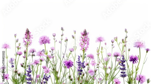 A Vibrant Collection Of Various Colorful Meadow Flowers Arranged on a White Background. Presenting unique shapes and colors, meticulously arranged to highlight their natural beauty. © Merilno