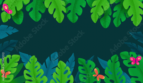 Illustration of butterflies on plants at tropical rainforest with copy space in between photo