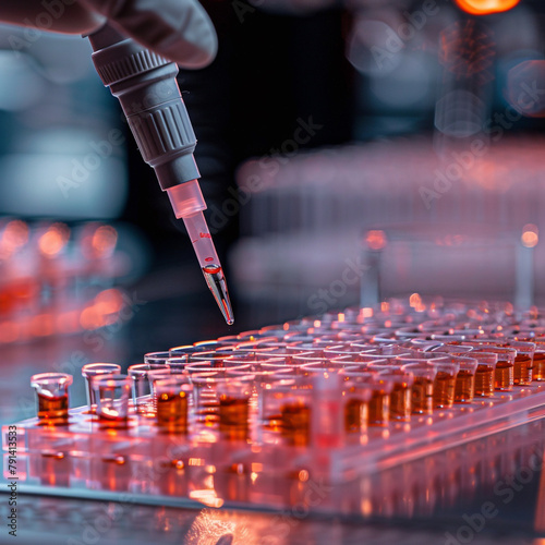 A gloved hand holding a pipette transfers a fluid into a well of a 96-well plate. photo