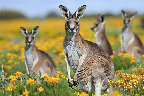 A group of kangaroos standing in a field of yellow flowers photo