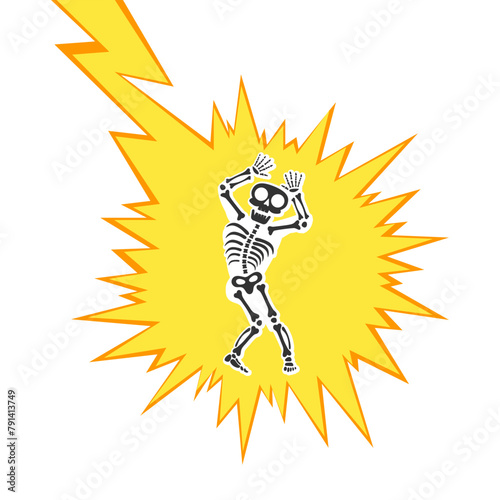 Skeleton electric shock by high voltage or lighting electrocuted caution silhouette flat style design vector illustration. A funny human skeleton had an electric shock or lightning strike.