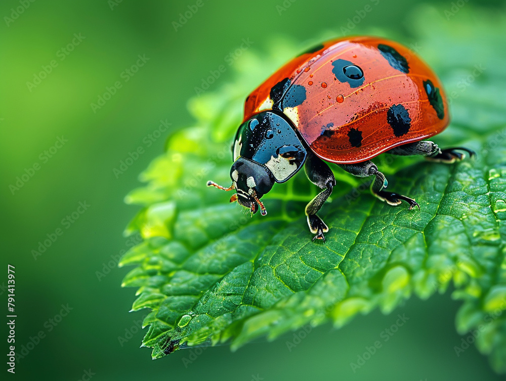 Fototapeta premium A ladybug on a leaf with water drops.