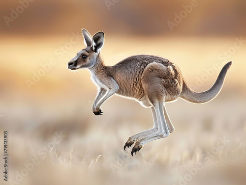 A kangaroo is jumping in the air.