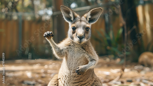 A kangaroo standing on its hind legs, with one paw raised in the air.