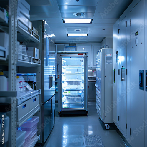 A lab with blue lights and a lot of freezers photo