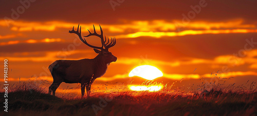 A large elk stands on a hilltop at sunset.