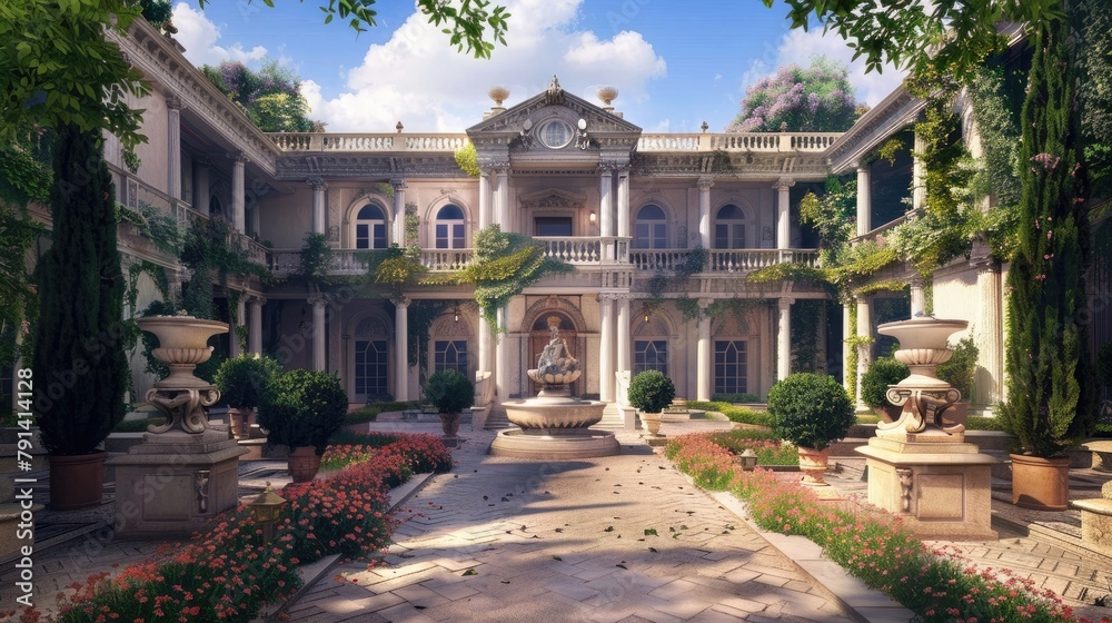 An elegant mansion with regal columns and sweeping staircases, set amidst manicured gardens and formal courtyards, offering a glimpse into a world of old-world charm and timeless elegance, 