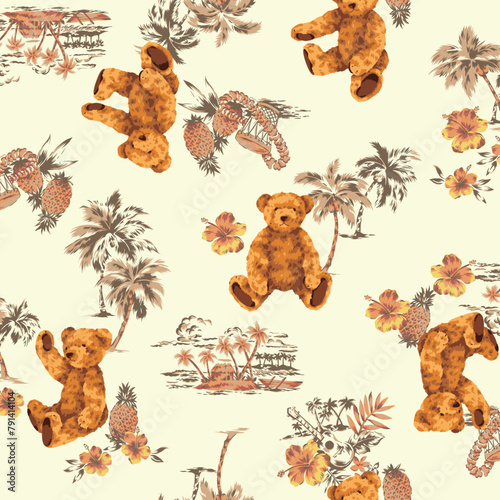 Pattern with palm trees, Hawaiian scenery, and bears,