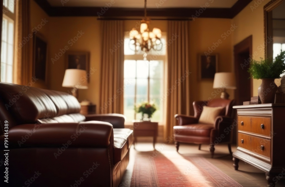 Classic elegance meets warm ambiance in this cozy interior featuring a luxurious leather sofa