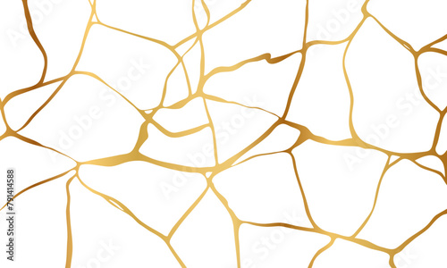Gold kintsugi crack repair marble texture vector illustration isolated on white background. Broken foil marble pattern with golden dry cracks. Wedding card, cover or pattern Japanese motif background.