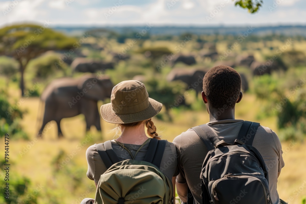Two people on safari observe the passage of an elephant herd. The man is wearing a backpack and the woman is wearing a hat. The scene is peaceful and serene