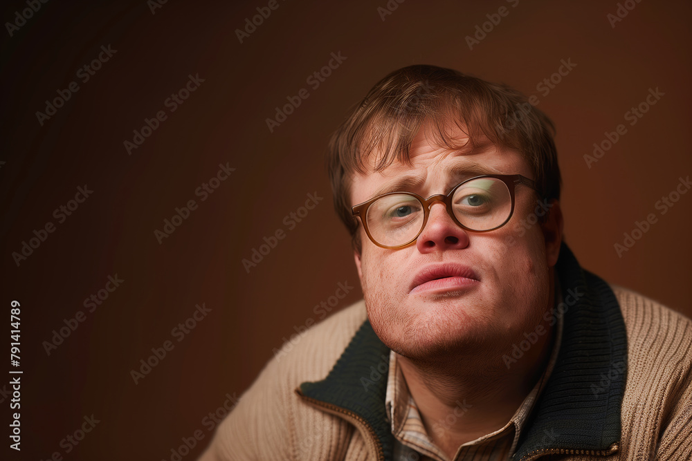 Portrait of a young man with Down syndrome looking at the camera with a furrowed brow. Concept: Diversity and Inclusion