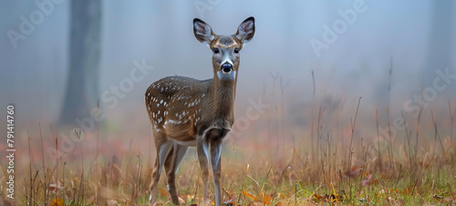 A white-tailed deer fawn standing in a field of tall grass and looking at the camera. The background is a forest with a blue sky and white clouds. photo