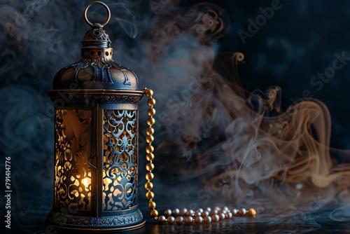 Arabic lantern and rosary on a black background with smoke