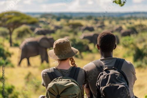 Two people on safari observe the passage of an elephant herd. The man is wearing a backpack and the woman is wearing a hat. The scene is peaceful and serene