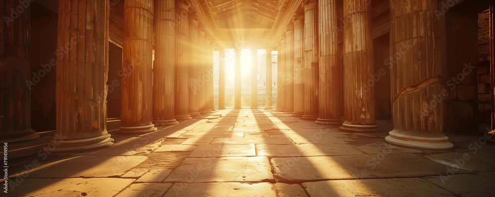 Ancient temple with columns under the sun rays, interior panoramic view, generated ai