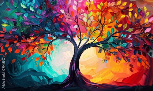 Elegant colorful tree with vibrant leaves hanging branches. Bright color 3d abstraction wallpaper for interior mural painting wall  Generative AI