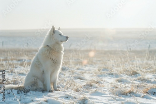 White swedish husky dog sitting in the snow in winter photo