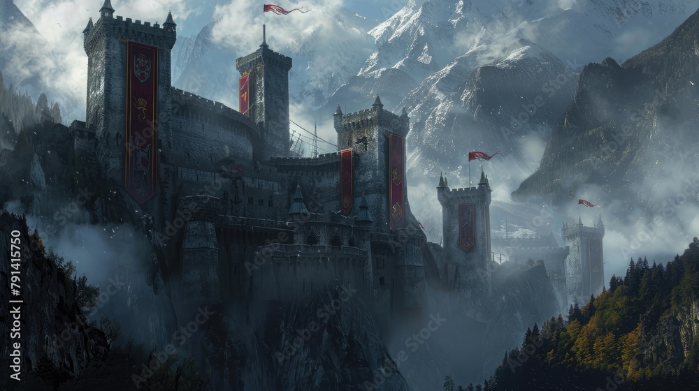 An ancient castle nestled amidst mist-shrouded mountains, its towering
