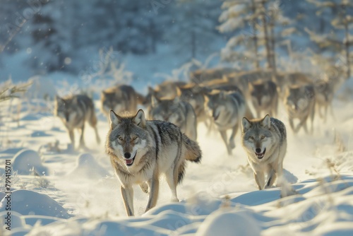 Group of wolves in the snowy forest,  Canis lupus lupus
