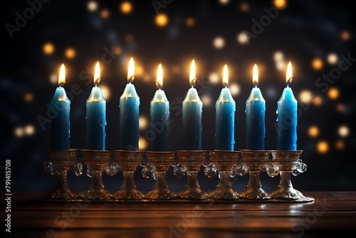 Image of jewish holiday Hanukkah background with menorah (traditional candelabra) and burning candles photo