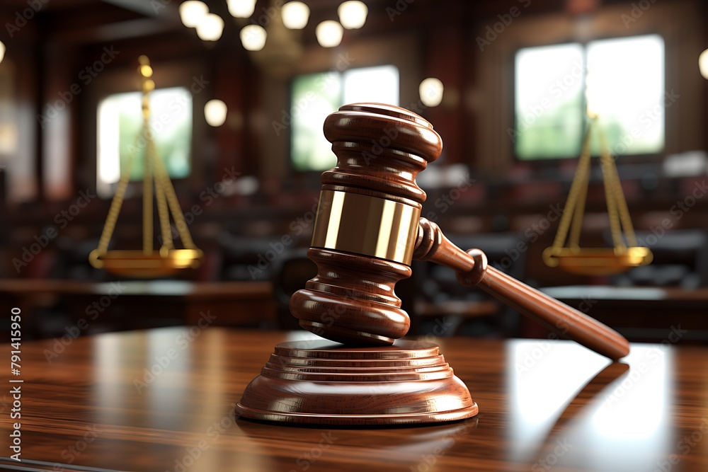 Law theme, mallet of judge, wooden gavel in courtroom Law theme, mallet of judge, wooden gavel in courtroom