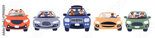 People driving cars. Men and women in automobiles. Drivers with passenger or traveling companion. Vehicle front view. Auto trip. City road traffic. Urban transport. Garish vector set