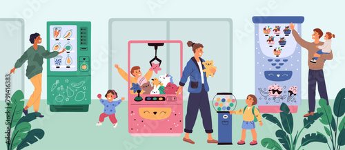 People buying at vending machine. Customers use electronic devices with snacks and toys. Automated product purchase. Retail appliance. Food selling equipment. Garish vector concept