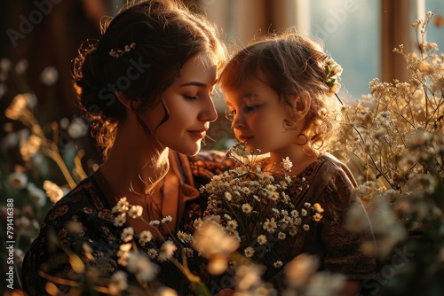 Tender Moment Between Mother and Child in a Floral Setting at Golden Hour