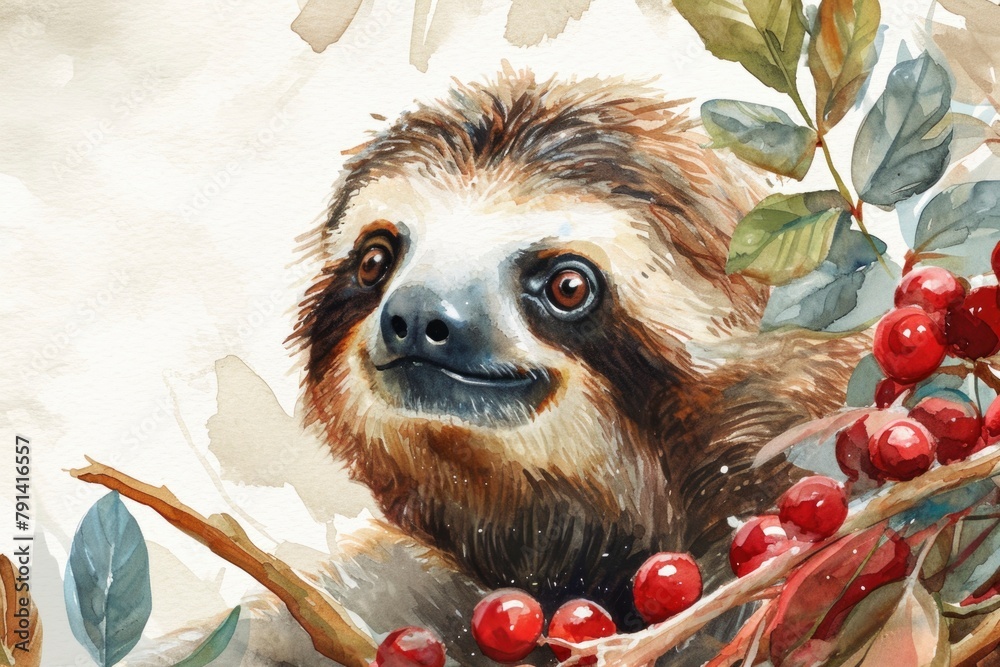 Obraz premium Cheerful Sloth Among Red Berries Watercolor Illustration