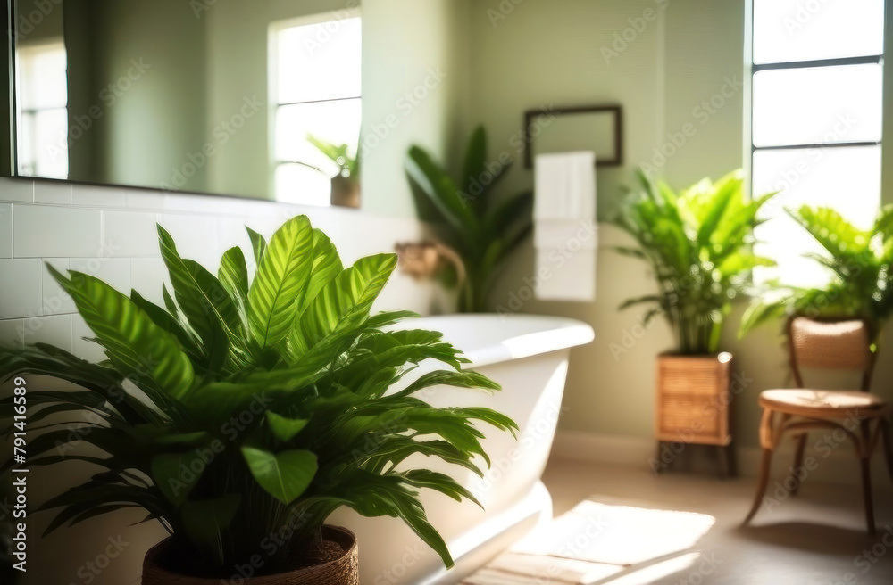 Fototapeta premium Tranquil bathroom ambiance with lush greenery basking in natural light