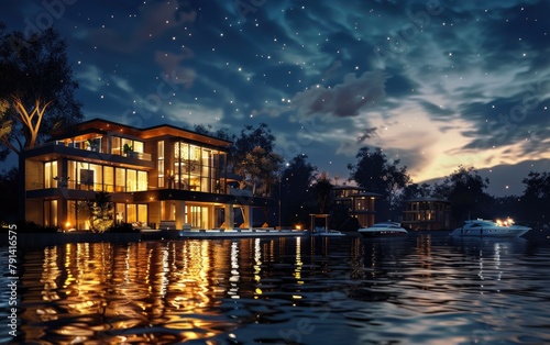 Unveiling Evening Bliss, Riverside Luxury at Night, Nocturnal Riverside Retreat