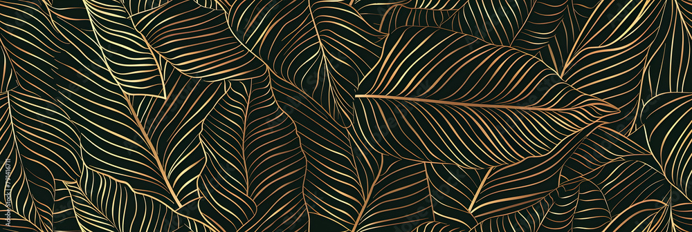 Tropical leaf Wallpaper, Luxury nature leaves pattern design, Golden banana leaf line arts, Hand drawn outline design for fabric , print, cover, banner and invitation, Vector illustration.