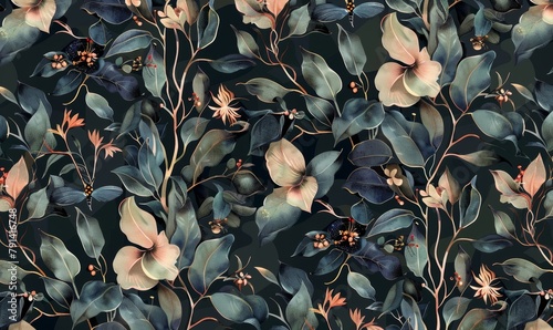 seamless pattern with young women delicate flower ivy foliage fireflies luxury wallpaper tropical mural glamorous art dark watercolor 3d illustration modern fashionable portrait cloth, Generative AI