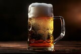 Mug of beer with foam on a wooden table on a dark background