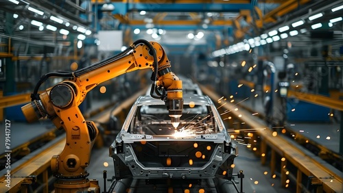 Robotic arm welding in factory assembling cars for mass production. Concept Robotic Arm Welding, Factory Automation, Car Assembly, Mass Production, Industrial Robotics