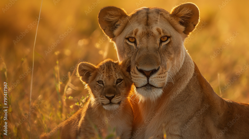 Golden Hour in the Wild: Majestic Lioness and Cub Basking in the Sunset Glow Golden Hour in the Wild: Majestic Lioness and Cub Basking in the Sunset Glow