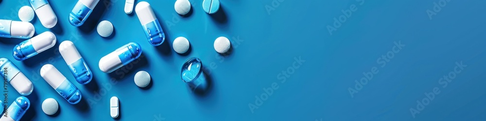 Close-up pills on blue background. Top view, copy space. Health care concept. Close-up pills on blue background. Top view, copy space. Health care concept.
