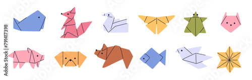 Color origami animals. Paper fauna creations. Dove birds. Folded fish and mammals. Decorative shapes. Japanese hobby. Asian art. Pinwheel star. Low polygonal figures. Garish vector set