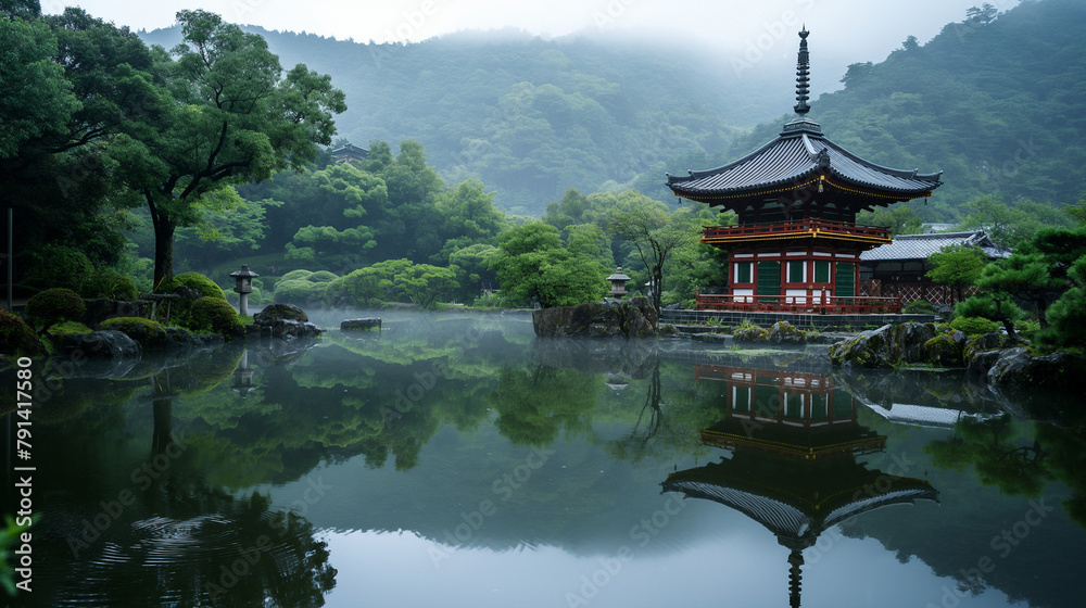 a small temple with a reflection of a mountain in the water