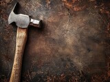 Used hammer with a wooden handle on dark brown background with copy space for text.