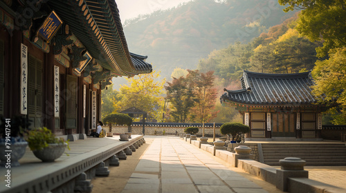 A asian architecture street with a mountain in the background photo