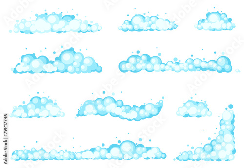 Cartoon soap foam. Blue bubbles in flat style. Bath shampoo balls. Different borders. Shower gel or antibacterial detergent suds. Soapy toiletry. Cosmetic mousse. Vector froth elements set