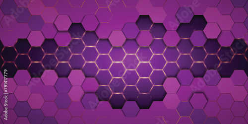 Purple Hexagonal background with golden light..